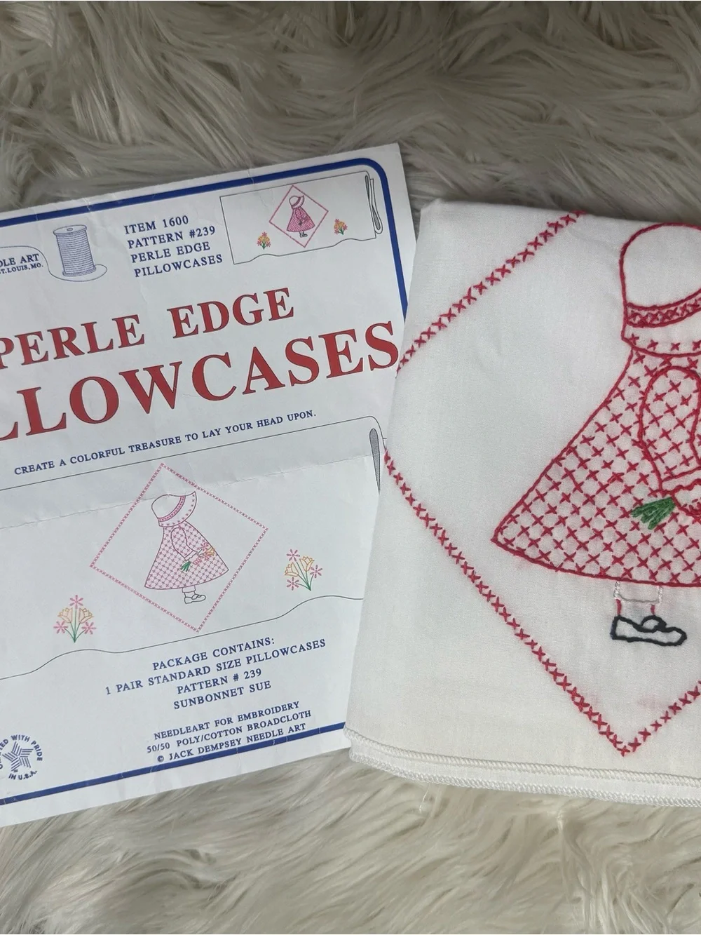 Vintage Sunbonnet Sue (2) White Pillowcases with Red Embroidered Standard